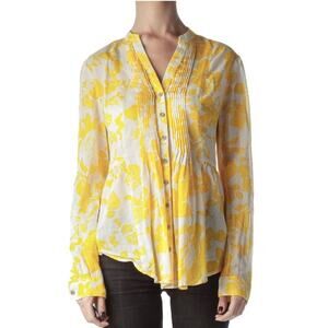 Anthropologie x Maeve Women's Yellow Floral Pintuck Peplum Blouse Sheer Cotton 8